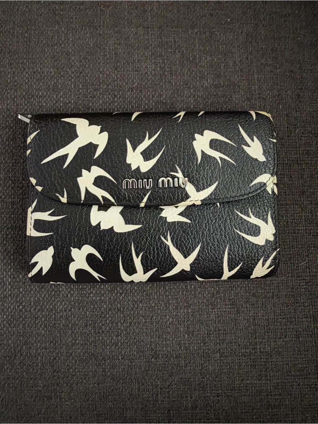 Miu Miu Black Leather Bird-Print Card Wallet